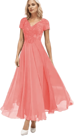 Lace Applique Mother of The Groom Dresses for Women Tea Length Short Sleeve Coral Plus Size Formal Dresses for Wedding Guest US20W