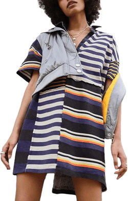 Quarter Button Striped T-Shirt Dress for Women Oversized Contrast Color Denim Sweatshirt Y2k Tunic Mini Tee Dress Blue Small
