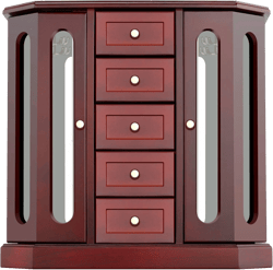 RR ROUND RICH DESIGN Jewelry Box - Made of Solid Wood with Cabinet Type 5 Drawers Organizer and 2 Separated Open Doors on 2 Sides and Large Mirror Brown Classic and Fashion