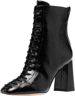 FOWT Women's Square Toe High Chunky Block Heeled Ankle Boots Petant Leather Lace-up Side Zipper Short Booties with Autum Windbreaker Lady Shoes for Outdoor Office Party Size US 4-15 6 Black