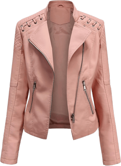 ebossy Women's Faux Leather Zipper Up Long Sleeve Slim Cropped Motorcycle Jacket Outwear XX-Large Pink