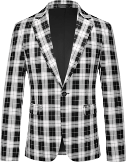 MOGU Men's Plaid Casual Suit Blazer Jackets - Slim Fit Checkered Sports Coat Black 36