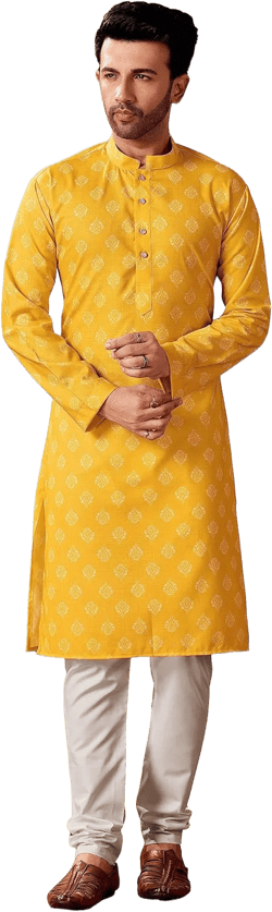 Elina fashion Ethnic Men's Cotton Printed Kurta Pajama Set || Casual Party Kurta Indian TraditionalWear for Men Yellow 5 Medium