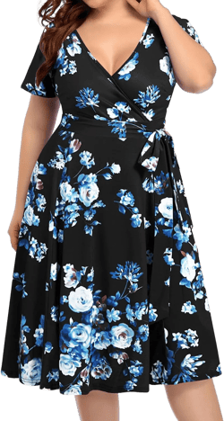 Pinup Fashion Women Plus Size Dresses Wedding Guest - Semi Formal Cocktail Wrap Empire Waist Midi Dress 26 Plus Blue Floral Black