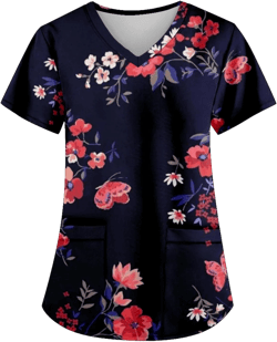 Print Shirts for Women Fall Summer Short Sleeve V Neck Work Scrub Tops Shirt Blouse Women 2025 Fashion Y2K V-712 Royal Blue Medium