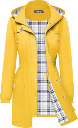 Bloggerlove Rain Jacket Women Lightweight Raincoats Outdoor Waterproof Windbreaker Hooded Plaid Lined Trench Coat S-XXL Small Yellow-plaid Lining