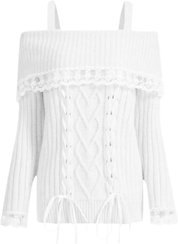 Women Y2k Cold Shoulder Knit Sweater Top Long Sleeve Lace Trim Knitted Pullover Sweaters Bow Cardigan Streetwear Small X Lace Trim White