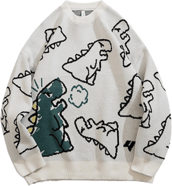 Women's Dinosaur Knit Sweater Unisex Oversized Cute Kawaii Vintage Casual Loose Fit Pullover Sweater Tops