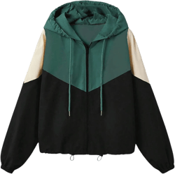 MakeMeChic Women's Plus Size Colorblock Hooded Coat Drawstring Zip Up Long Sleeve Windbreaker Jacket : Clothing, Shoes & Jewelry