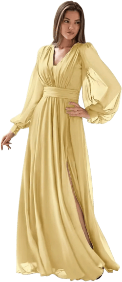 Yellow Bridesmaid Dresses Long with Slit Chiffon Long Sleeve Plus Size Formal Dresses for Women Ball Gown 18W