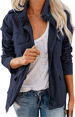 IVERIRMIN Women's Military Jacket Lightweight Zip Up Snap Buttons Utility Cargo Anorak with Pockets Safari Coat Outwear Navy Small