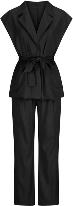TIMIFIS Business Casual Outfits for Women 2 Piece Sets Sleeveless Lapel Blazer Vest with Belt Wide Leg Long Pants Sets Large Black
