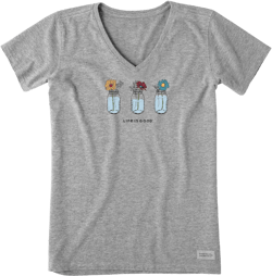 Life is Good Women's Crusher T-Shirts, Short Sleeve Cotton Graphic Tee Shirt, Floral Jars Heather Gray Small