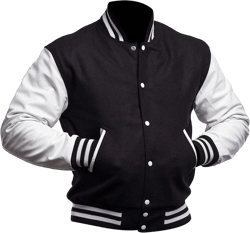 Mens Black & White Varsity Jacket - High School College Letterman Baseball Bomber Jackets Wool + Faux Leather