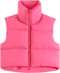Fuinloth Women's Padded Vest, High Stand Collar Lightweight Zip Crop Puffer Gilet Small Rose Red