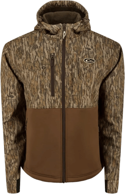 Drake Waterfowl Men's MST Hole Shot Hooded Windproof Eqwader 3-Layer Warm Sherpa-Lined Full Zip Hunting Jacket Mossy Oak Bottomland Two-tone X-Large