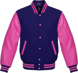 Varsity Jacket Baseball Letterman Bomber School Premium Wool Pink Genuine leather sleeves 5X-Large Navy Blue