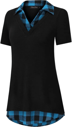 Women's Short Sleeve V-Neck Contrast Collared Shirts Patchwork Work Blouse Tunics Tops Black Navy Plaid 2XL