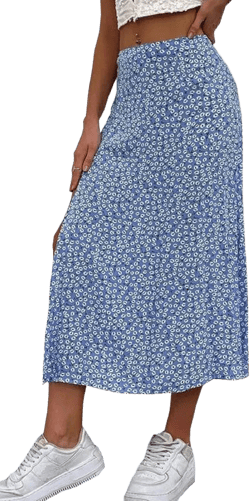 CHARTOU Women's Summer High Waist Floral Print Side Slit Midi Long Beach Boho Skirt Large Dark Blue