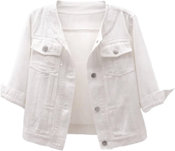 Women's Cropped Denim Jacket Button Down Collarless Half Sleeve Jean Jacket Medium White