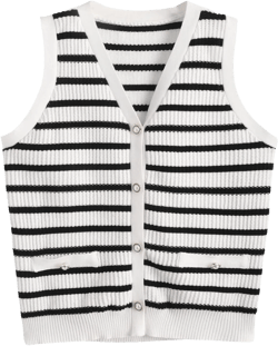 Verdusa Women's Sweater Vest Old Money Trendy Tops Striped Print Button Front Sleeveless Knit Sweaters Small Black and White