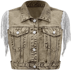 SweatyRocks Women's Fringe Button Down Crop Denim Jacket Sleeveless Collared Jean Coats
