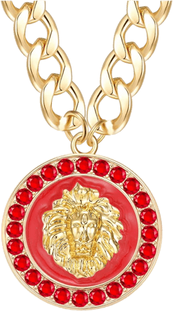 Hip Hop Statement Lion Head Round Pendant Necklace Women's Chunky Chain Crystal Choker Punk Costume Cocktail Jewelry Red