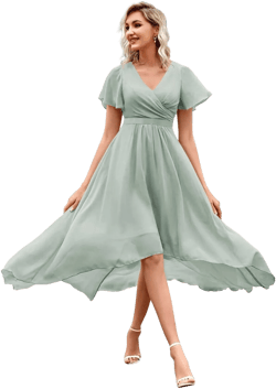 YMSHA Pleated High Low Bridesmaid Dresses for Women V Neck Short Sleeve Formal Dress with Pockets YMS172 12 Sage Green