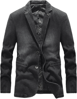 Men's Washed Denim Jacket Men Single Breasted Slim Jean Blazer Business Casual Suit Coats Medium Black