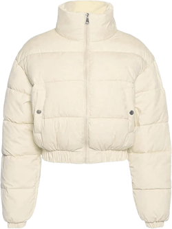 Flygo Cropped Puffer Jacket Women 2025 Winter Warm Zip Up Padded Short Quilted Jackets Down Coat Medium Beige