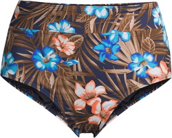 Lands' End Womens Chlorine Resistant High Waisted Bikini Bottoms Control Deep Sea Navy Tropic Palm Regular 14