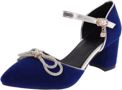 Alyaafifa Chunky Block Heel Mary Jane Pumps for Women Closed Pointed Toe Ankle Strap with Buckle Dress Shoes with Bow 11 Velvet - Royal Blue