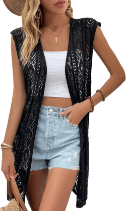 Milumia Women's Sleeveless Long Sweater Vest Crochet Knit Open Front Cardigan Hollow Out Kimono Cardigan