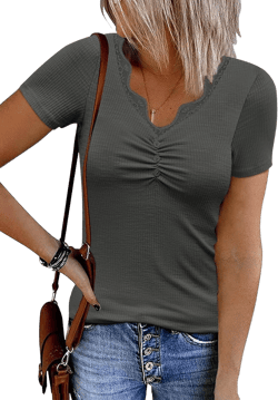 Women's 2024 Short Sleeve Ribbed Knit Tops Ruched V Neck Henley Shirts Button Up Lace Trim Blouses Tee Large A9-darkgrey