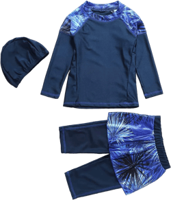 ODIZLI Girls Swimsuit Muslim Islamic Modest Bathing Suit Long Sleeve Swim Shirts+Swim Shorts+Swim Cap 3 Piece Swimwear Ocean Blue a 3-4T