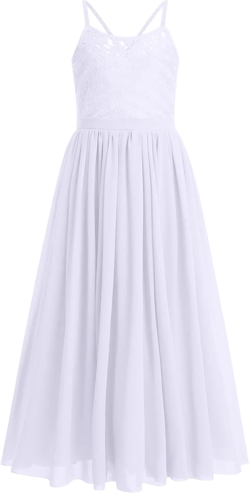 Flower Girl Dresses Junior Wedding Bridesmaid Prom Party Chiffon Floral Lace Flowy Maxi Princess Pageant Long Communion Gown 9-10 Years White - Spaghetti Straps