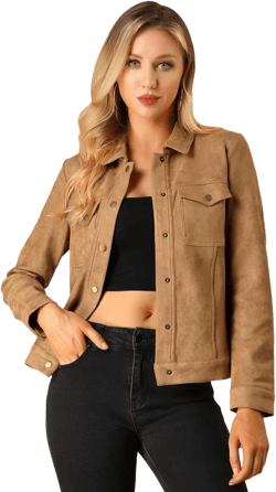 Allegra K Women's Turn-Down Collar Flap Pockets Snap Button Faux Suede Jacket 3X-Large Brown