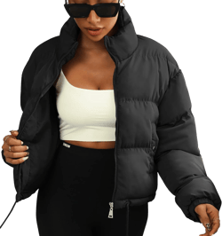 Winter Puffer Jacket Women Cropped Baggy Quilted Coats Long Sleeves Zip Puffy Jackets Medium Black