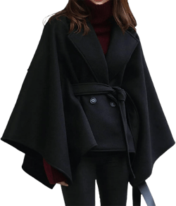CHARTOU Women's Elegant Lapel Collar Wool Blend Bow-Tie Poncho Cape Jacket with Belt Small Black