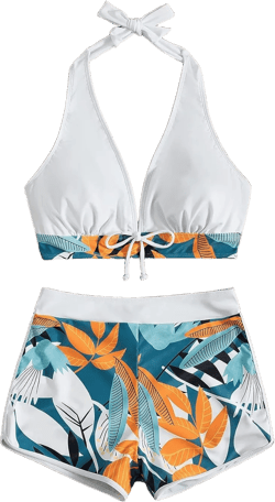MakeMeChic Women's Halter Top Floral Swim Shorts Bikini Set 2 Piece Swimsuit Bathing Suit Multi White L