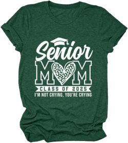 Women Short Sleeve Shirt Crewneck Funny T-Shirt Senior Mom Class of 2025 Graphic Print Graduation Tees Tops Vintage Green 3X-Large