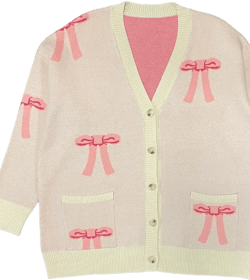 Women's Bow Embroidery Cardigans Open Front Drop Shoulder Sleeve V Neck Knit Button Jumper Sweater Jacket Beige Medium