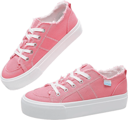 Obtaom Women Platform Canvas Sneakers White Comfort Play Fashion Sneakers Casual Lift Platform Lace Up Shoes Cute Low Top Walking Shoes for Lady 5 Pink White