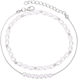 Rrdaily Boho Pearl Ankle Bracelet for Women Girls, Silver Double Layered Pearl Beaded Anklet Beach Foot Chain Jewelry Gifts
