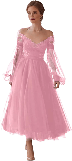 Tulle Puffy Long Prom Dresses Tea Length V-Neck Short Sleeves Ball Gowns for Elegant Women Evening Party Dusty Pink