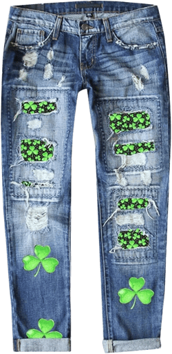 Womens Plaid Patch Ripped Boyfriend Distressed Stretch Skinny Denim Jeans with Hole St Patricks Day Shamrock Prints Blue-e X-Large