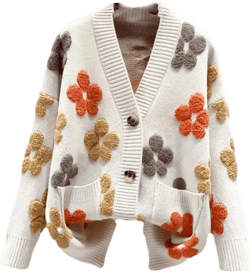 Women's Floral Knitted Long-Sleeved V-Neck Sweater Cardigan Loose Single Breasted Jacket One Size Beige