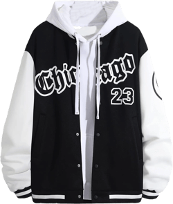 GORGLITTER Men's Letter Graphic Color Block Baseball Jacket Button Front Long Sleeve Bomber Jackets X-Large Black and White