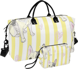 Cute French Bulldog Yellow Stripes Travel Duffle Bag, Large Weekender Overnight Bags for Women Men Waterproof Carry on Shoulder Tote Bags for Hospital Maternity Mommy Gym with Toiletry Bag