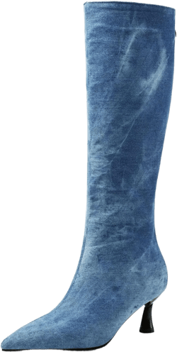 DINTAHA Denim Boots For Women Low Heel,Fall Kitten Heel Knee High Boots Pointed Toe Mid Calf Dress Boots For Women 7 Light Blue